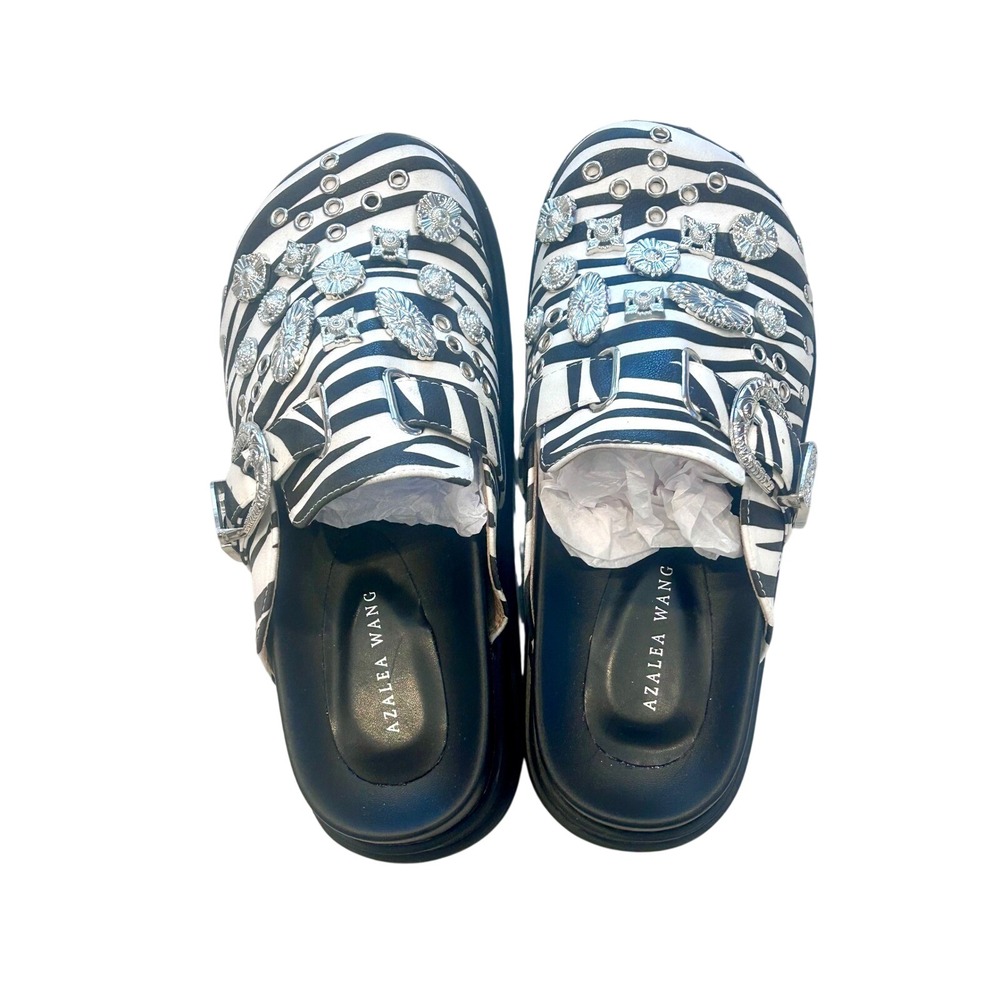 Azalea Wang Zebra Print Embellished Platform Clogs Mules RhinestoneSilver Buckle - Picture 3 of 6
